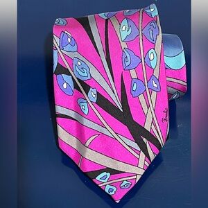 Emilio Pucci Floral Mens Tie Roland’s Silk Blue Pink Black Purple Vintage Italy